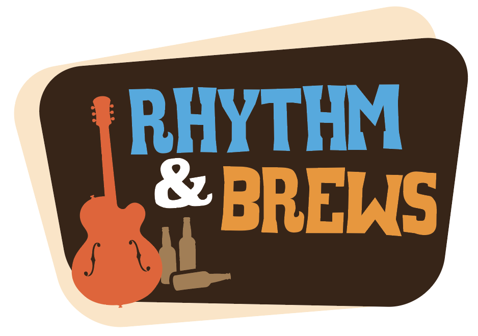 Rhythm & Brews exterior signage with music notes and beer glass motif under evening lighting